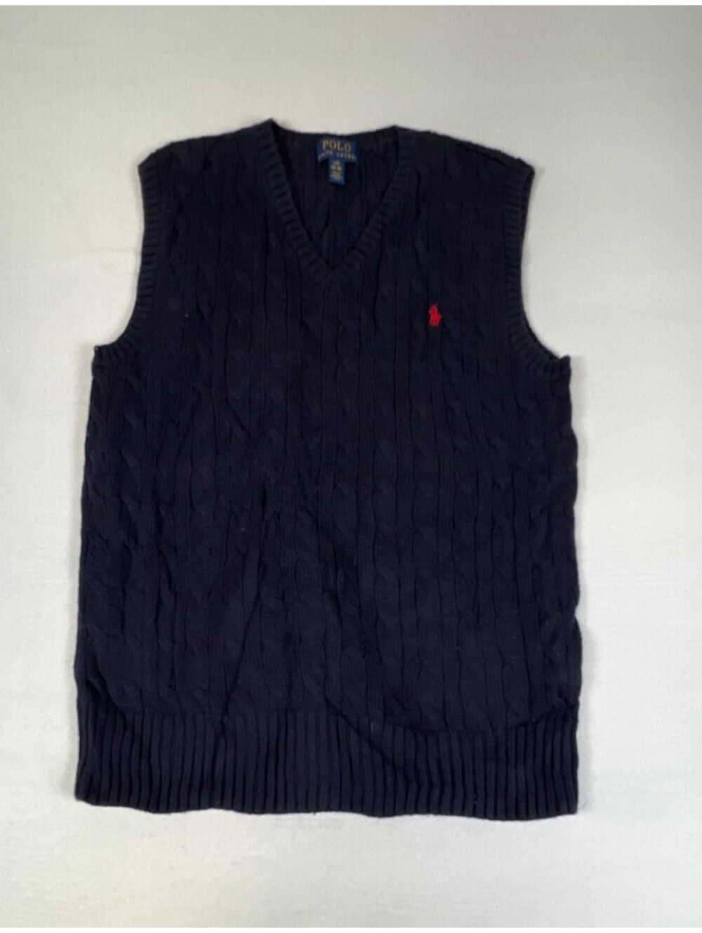 Polo Ralph Lauren Boys Navy Blue Cable Knit Sweater Vest 100% Cotton Size L